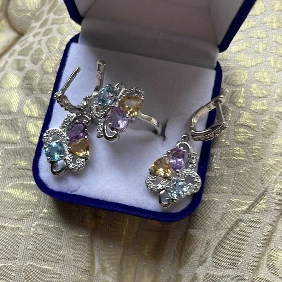 NEW Amethyst, yellow quartz and aquamarine sterling 925 duo ring and earrings. - Picture 4 of 8